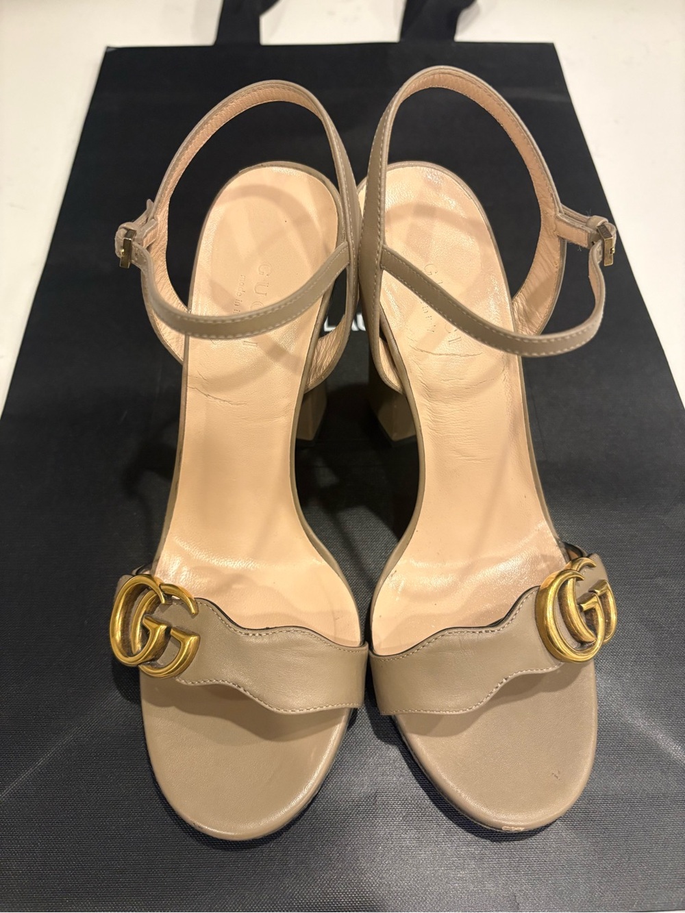 Gucci Taupe Leather Ankle-Strap Heels with Gold Double G